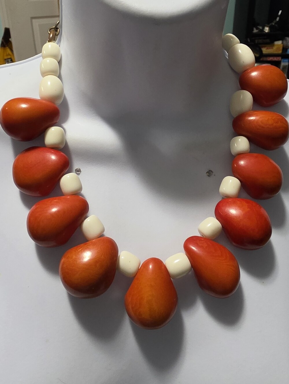 Rare Vintage Artisan Natural Orange Color Material And Acrylic Beads SilverTone